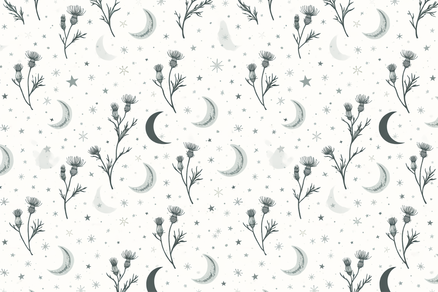 Pattern of thistles, moons, and stars on a white background